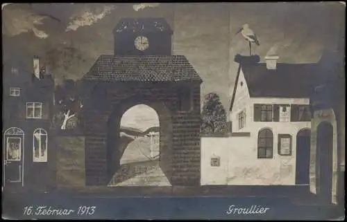 Ansichtskarte  Stadttor Storchennest mit Stroch auf Dach. Groullier 1913