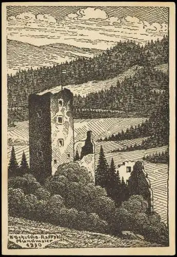 Waldkirch  Schwarzwald   Ruine Kastelburg  K. Schuldis-Raffael, Mundmaler 1953