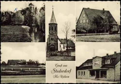 Ansichtskarte Stederdorf Kr. Uelzen-Wrestedt MB Kirche Stadion Geschäft 1963