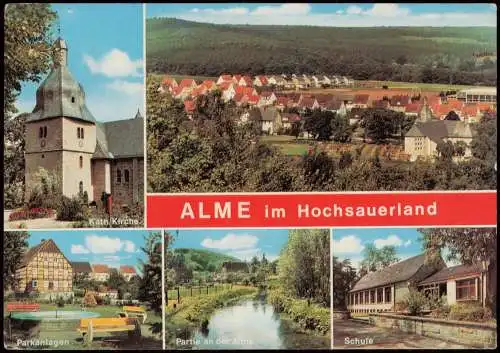 Ansichtskarte Alme-Brilon (Sauerland) Stadt Kirche Park und Schule 1981