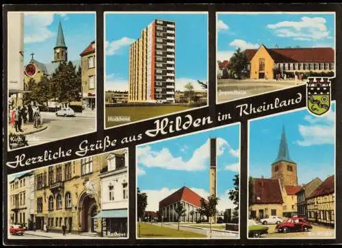 Ansichtskarte Hilden MB: Kirche Hochhaus Jugendheim Kirche 1974
