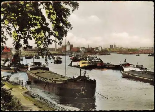 Ansichtskarte Duisburg Rheinhafen Schleppschiffe Industrie Colorfotokarte 1956