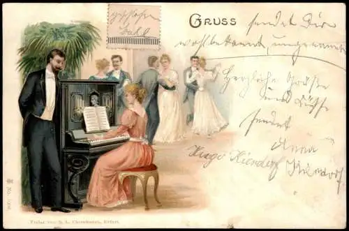 Ansichtskarte  Schöne Dame am Klavier Mann im Anzug Künstlerkarte 1905