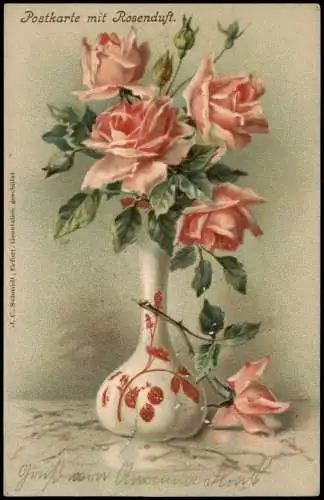 Ansichtskarte  Botanik :: Blumen Rose Rosen in Vase mit Rosenduft 1902