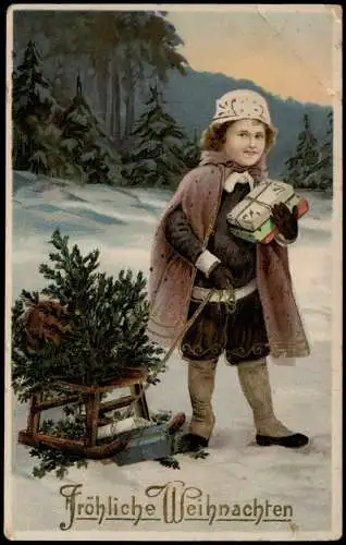 Weihnachten Christmas Junge mit Schlitten und Geschenken 1916 Gold