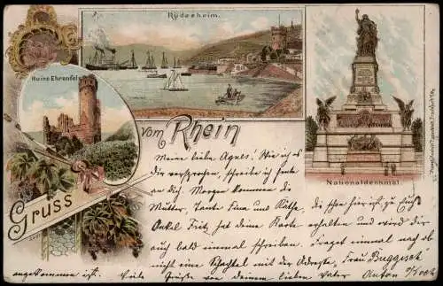 Litho AK Rüdesheim (Rhein) Stadt Ehrenfels Nationaldenkmal Gruss aus... 1898