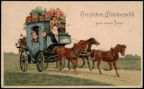 Ansichtskarte  Neujahr Sylvester New Year Postkutsche mit Blumenkörben 1916