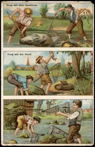 Ansichtskarte  3 Bild Fischer / Angler Handnetz Reusen 1917