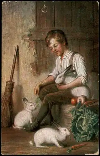 Ansichtskarte  Künstlerkarte Junge mit Hasen im Stall 1915