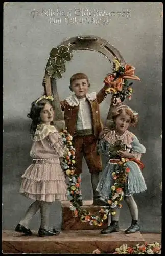 Geburtstag Birthday Junge und Mädchen unter Hufeisen 1918 Silberprägung