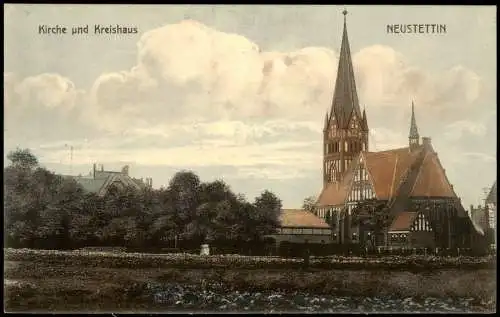 Postcard Neustettin Szczecinek Kirche und Kreishaus colorierte AK 1911