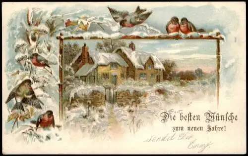 Ansichtskarte  Neujahr Sylvester New Year Winterdorf Spatzen 1904
