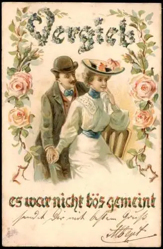 Liebe Liebespaare - Love Vergib es war nicht bös gemeint 1906 Prägekarte