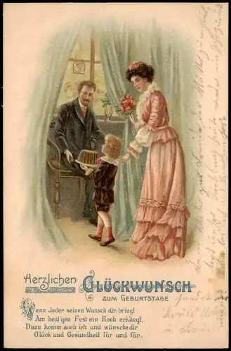 Geburtstag Birthday Junge bringt Vater einen Kuchen 1907 Prägekarte