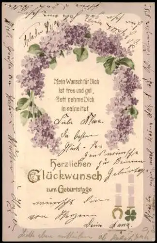 Geburtstag Birthday Hufeisen aus Flieder Künstlerkarte 1906 Goldprägung