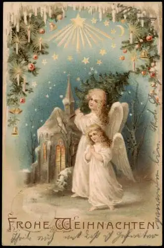 Ansichtskarte  Weihnachten Christmas Engel Angel vor Kirche 1902