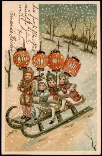 Neujahr Sylvester New Year Kinder mit Lampion China Art 1905 Goldprägung