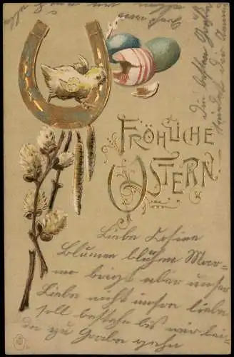 Ansichtskarte  Ostern Easter Huhn Ostereier Gold Hufeisen 1903 Goldprägung