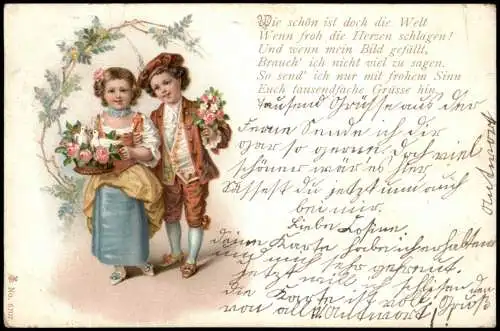 Ansichtskarte  Kinder Künstlerkarte Junge und Mädchen Blumen Taube 1900