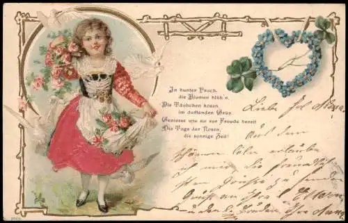 Kinder Künstlerkarte Mädchen Rosen und Tauben 1905 Goldprägung