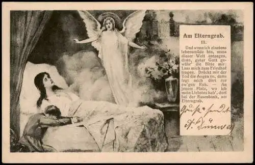 Ansichtskarte  Künstlerkarte Am Elterngrab. III. Engel über Sterbebett 1905