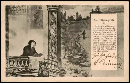 Ansichtskarte  Künstlerkarte Am Elterngrab II. Frau auf Balkon 1905