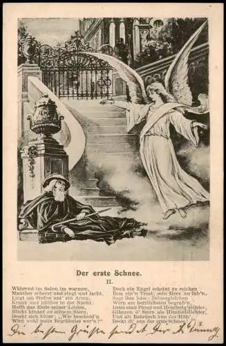Künstlerkarte Der erste Schnee. Engel über liegendem Mann 1905