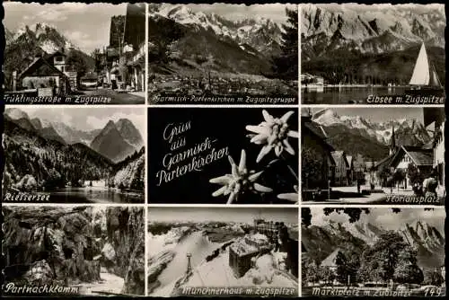 Ansichtskarte Garmisch-Partenkirchen Stadtteilansichten mit Edelweiss 1954