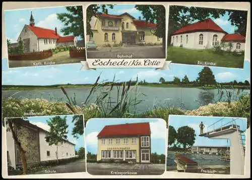 Ansichtskarte Eschede Bahnhof Kirche Sparkasse Schule Freibad 1984