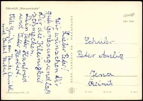Ansichtskarte  Fährschiff Warnemünde DDR Schiff Schiffsfoto-AK 1963