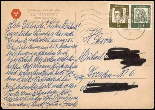 Ansichtskarte  S.S. HANSEATIC Schiff Dampfer der Hamburg-Atlantic Line 1963