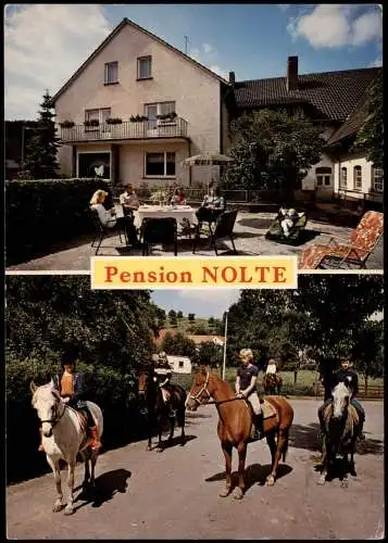 Nieheim Gasthaus und Pension Nolte, Gebäude + Pferde Reiter-Gruppe 1970