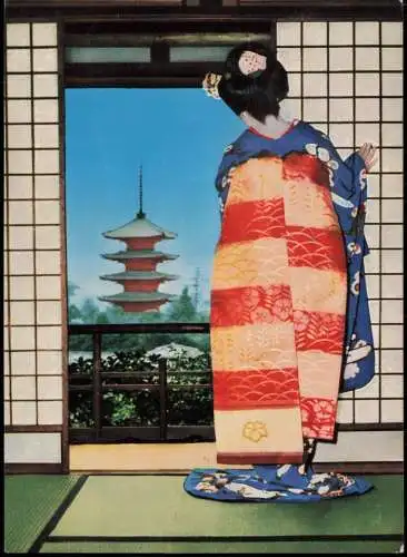 Postcard Japan Typen Japan Nippon Geisha schaut aus Fenster 1976