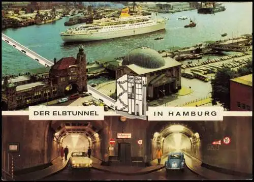 Ansichtskarte St. Pauli-Hamburg 3 Bild Elbtunnel Schiff VW Käfer 1978