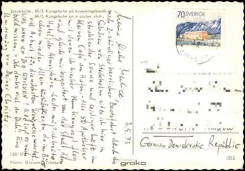 Postcard Stockholm Schiff M/S Kungsholm på kryssningsbesök 1973