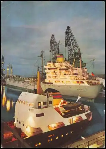 Ansichtskarte Rostock Schiff Frachter MS Senftenberg im Vordergrund Kümo 1966