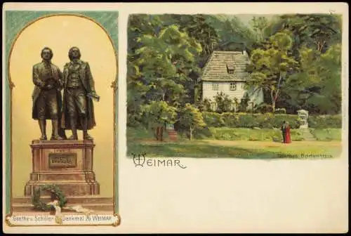 Ansichtskarte Weimar 2 Bild Künstlerkarte Goethes Gartenhaus Denkmal 1908