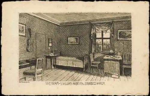 Ansichtskarte Weimar Federzeichnung Schiller Sterbezimmer 1933