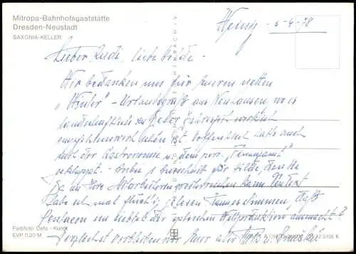Neustadt Dresden Mitropa-Bahnhof Gaststätte Gästeraum Saxona-Keller 1975