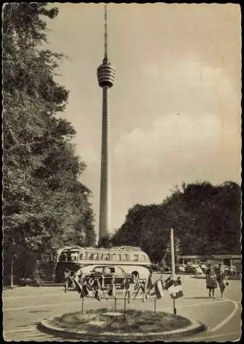 Ansichtskarte Stuttgart Fernsehturm Bus Autos Fahnen 1965