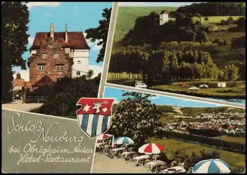 Postkarte Obrigheim u.a. Höhengaststätte Hotel Pension Café Schloß Neuburg 1970