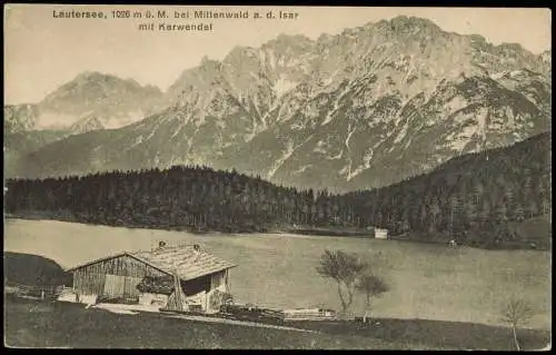 Ansichtskarte Mittenwald Lautersee Hütte mit Karwendel 1914