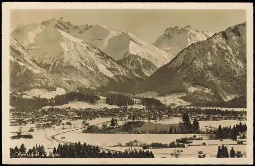 Ansichtskarte Oberstdorf Allgäu Stadt im Winter 1952 Mischfrankatur Posthorn