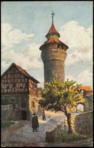 Ansichtskarte Nürnberg Vestnerturm und Tiefer Brunnen - Künstlerkarte 1912