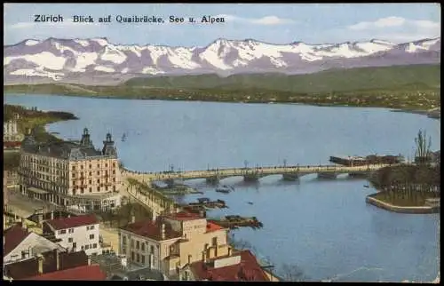 Ansichtskarte Zürich Blick auf Quaibrücke, See u. Alpen Künstlerkarte 1912