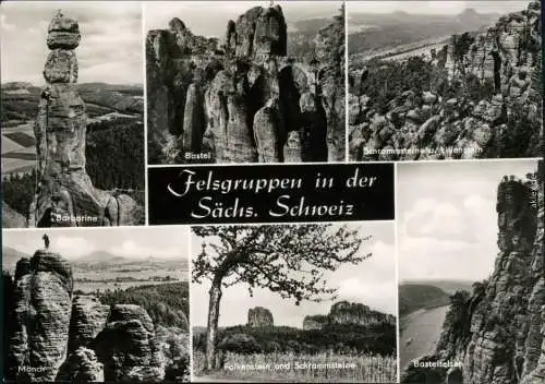 Rathen Pfaffenstein und Barbarine, Basteibrücke, Schrammstein u. Lilienstein, Mönch, Falkenstein und Schrammstein, Basteifelsen 1974