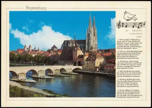 Ansichtskarte Regensburg Steinerne Brücke, Liedkarte mit Lied-Text 1990