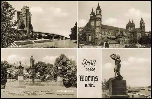 Worms Mehrbildkarte mit Ortsansichten ua. Rhein-Brücke, Hagen-Denkmal uvm. 1960