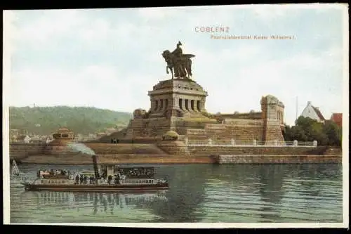 Koblenz Rhein Schiff passiert Provinzialdenkmal Kaiser Wilhelms I. 1907