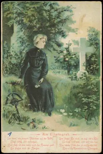 Ansichtskarte  Künstlerkarte Frau am Grabe der der Eltern Künstlerkarte 1904